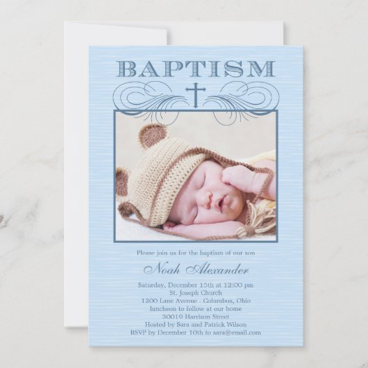 Chic Texture Photo Baptism Invitation - Blue Kaart (Voorkant)