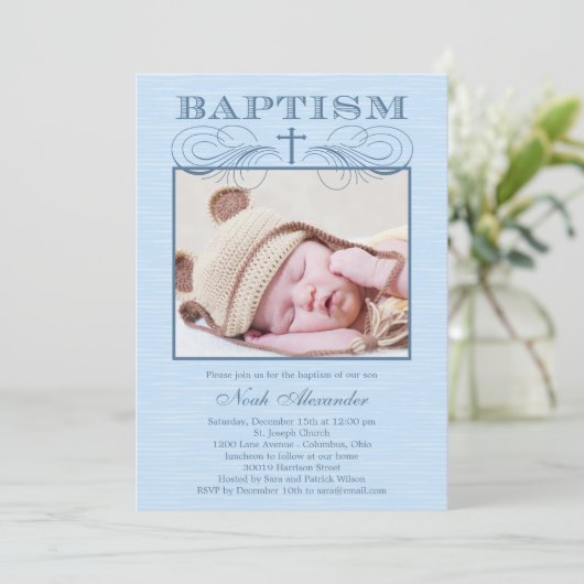 Chic Texture Photo Baptism Invitation - Blue Kaart (Staand voorkant)