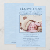 Chic Texture Photo Baptism Invitation - Blue Kaart (Voorkant / Achterkant)