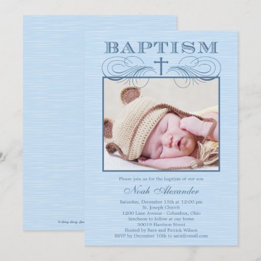 Chic Texture Photo Baptism Invitation - Blue Kaart (Voorkant / Achterkant)