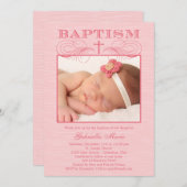 Chic Texture Photo Baptism Invitation - Roze Kaart (Voorkant / Achterkant)