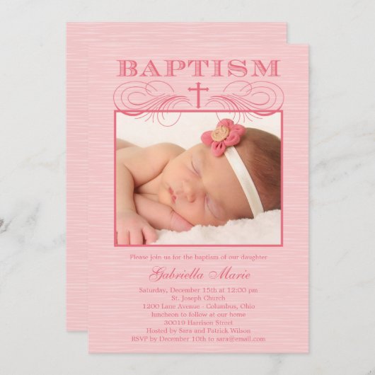 Chic Texture Photo Baptism Invitation - Roze Kaart (Voorkant / Achterkant)