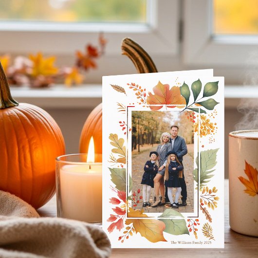 Chic Thanksgiving Familie Foto Herfst Bladrand Feestdagen Kaart