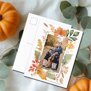 Chic Thanksgiving Familie Foto Herfst Bladrand Feestdagenkaart