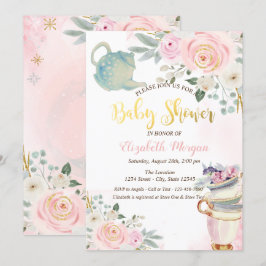 Chic theepot theekop Roze bloemen Baby Shower   Kaart