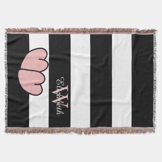 CHIC THROW_PINK HEARTS/BLACK/WITTE STRIPES DEKEN (Voorkant)