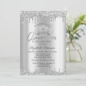 Chic Tiara, Silver Glitter Drups Quinceañera Kaart (Staand voorkant)