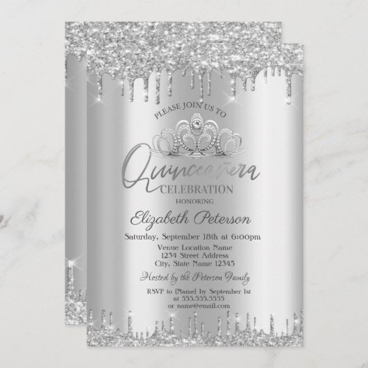 Chic Tiara, Silver Glitter Drups Quinceañera Kaart (Voorkant / Achterkant)