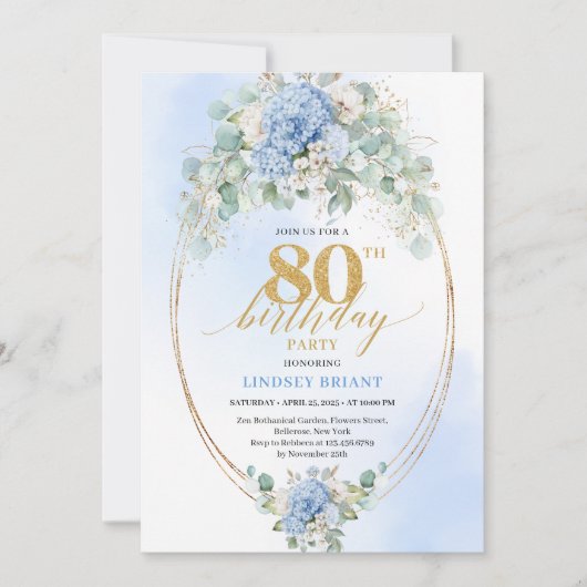 Chic Timeless Blue Hydrangea Floral 80th Birthday Kaart (Voorkant)
