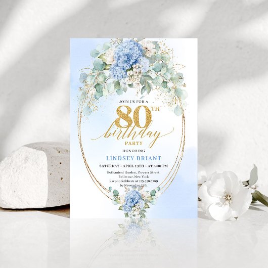 Chic Timeless Blue Hydrangea Floral 80th Birthday Kaart