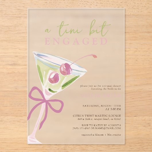 Chic Tini Bit Verloving Martini Bruidsfeest Acryl Uitnodigingen (Voorkant)