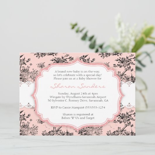 CHIC TOILE Baby shower Invitation - Roze Kaart (Staand voorkant)