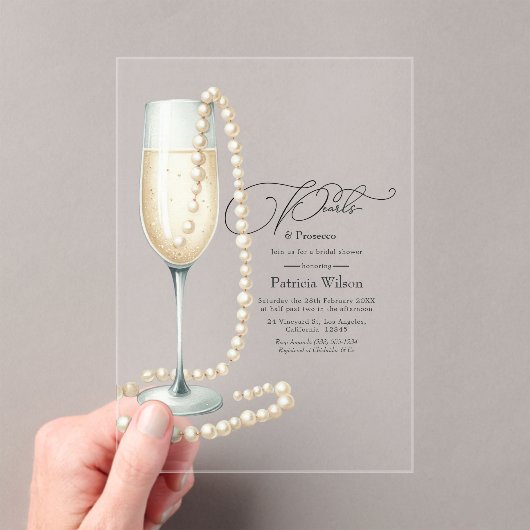 Chic Transparant Parels en Prosecco Vrijgezellenfe Acryl Uitnodigingen (Insitu (Draagbaar))