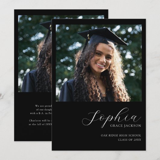 Chic Trendy Black Handwrited Photo Afstuderen Aankondiging (Voorkant / Achterkant)