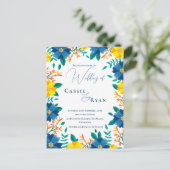 Chic Trendy Blauw Geel Bloemen Huwelijksuitnodigin Briefkaart (Staand voorkant)