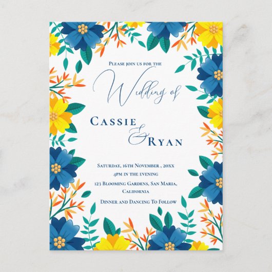 Chic Trendy Blauw Geel Bloemen Huwelijksuitnodigin Briefkaart (Voorkant)