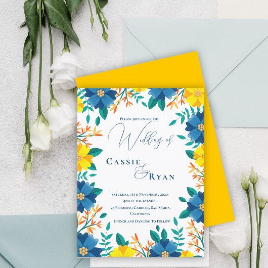 Chic Trendy Blauw Geel Bloemen Huwelijksuitnodigin Briefkaart