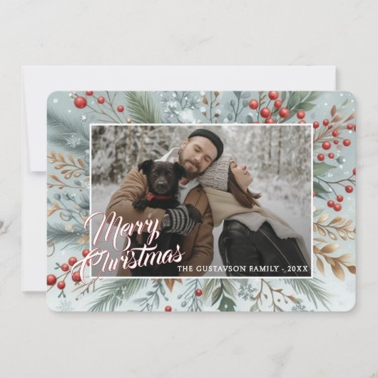 Chic Trendy Rode Bloemen Berries Vakantie Krans Feestdagenkaart (Voorkant)