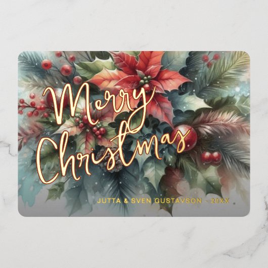 Chic Trendy Rode Bloemen Bessen Krans Goud Folie Feestdagenkaart (Voorkant)