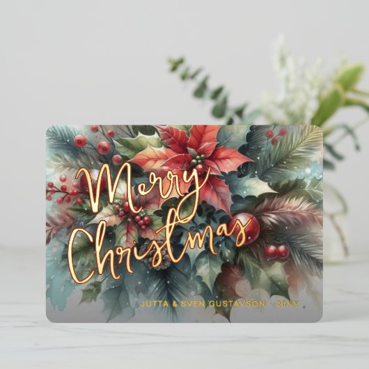 Chic Trendy Rode Bloemen Bessen Krans Goud Folie Feestdagenkaart (Staand Voorkant)