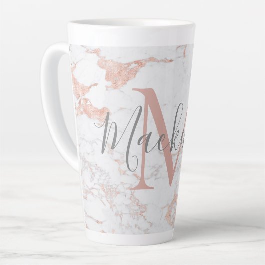 Chic Trendy Roos Gold Foil marble Monogram Latte Mok (Linkerhoek)