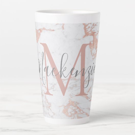Chic Trendy Roos Gold Foil marble Monogram Latte Mok (Voorkant)