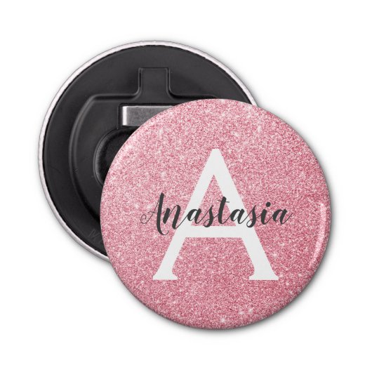 Chic & Trendy Roos Gold Glitter Sparkles Monogram Button Flesopener (Voorkant)