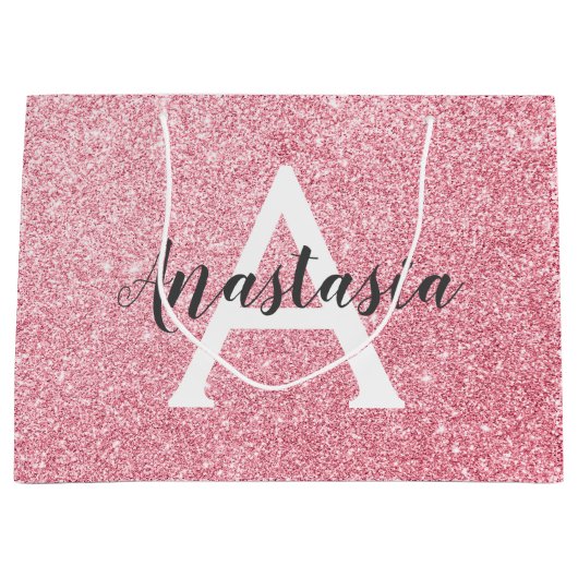 Chic & Trendy Roos Gold Glitter Sparkles Monogram Groot Cadeauzakje (Voorkant)