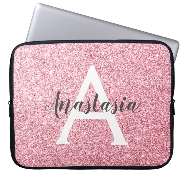 Chic & Trendy Roos Gold Glitter Sparkles Monogram Laptop Sleeve (Voorkant)