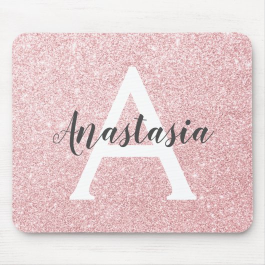 Chic & Trendy Roos Gold Glitter Sparkles Monogram Muismat (Voorkant)