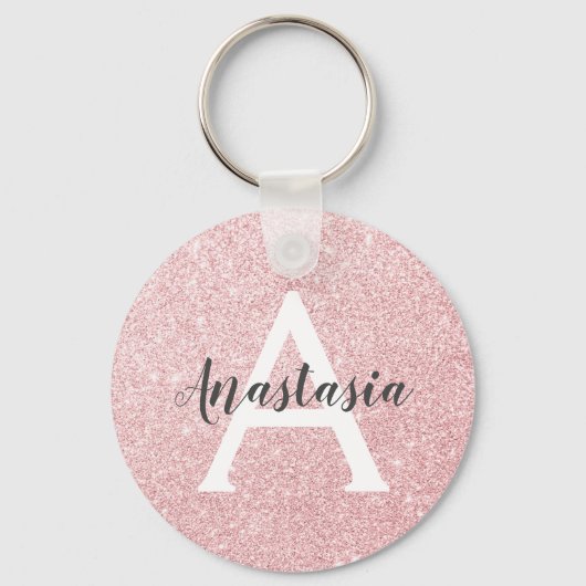 Chic & Trendy Roos Gold Glitter Sparkles Monogram Sleutelhanger (Voorkant)