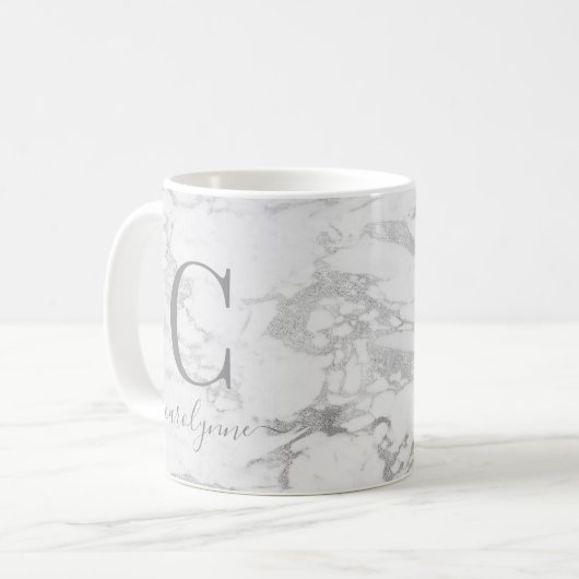 Chic Trendy Silver Foil Marble Monogram Koffiemok (Voorkant links)