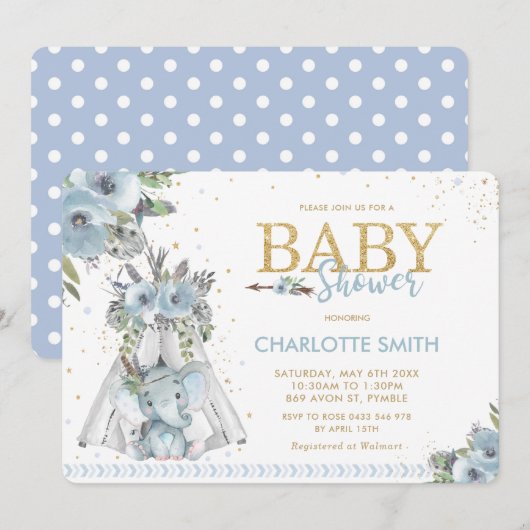 Chic Tribal Blue Floral Elephant Boy Baby shower Kaart (Voorkant / Achterkant)