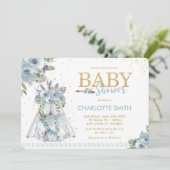 Chic Tribal Blue Floral Elephant Boy Baby shower Kaart (Staand voorkant)