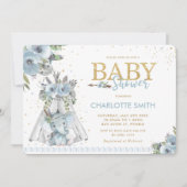 Chic Tribal Blue Floral Elephant Boy Baby shower Kaart (Voorkant)