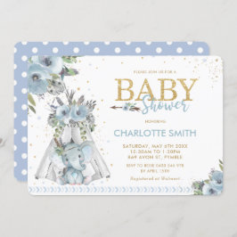 Chic Tribal Blue Floral Elephant Boy Baby shower Kaart