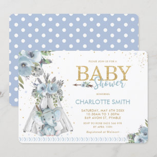 Chic Tribal Blue Floral Elephant Boy Baby shower Kaart
