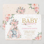 Chic Tribal Pink Floral Elephant Girl Baby shower Kaart (Voorkant / Achterkant)