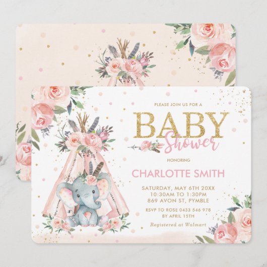 Chic Tribal Pink Floral Elephant Girl Baby shower Kaart (Voorkant / Achterkant)