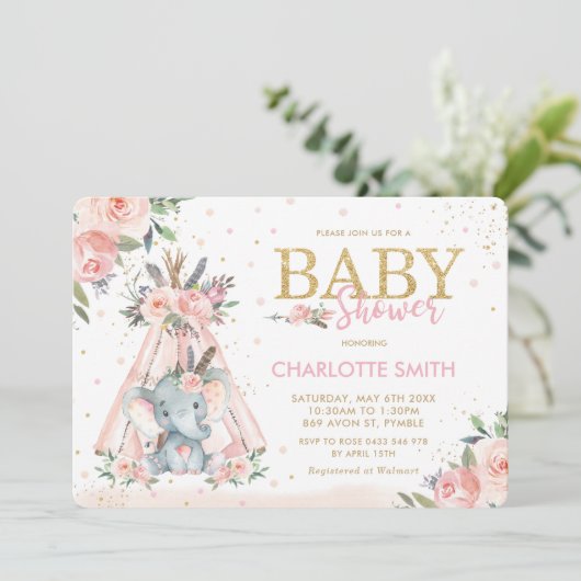 Chic Tribal Pink Floral Elephant Girl Baby shower Kaart (Staand voorkant)