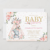 Chic Tribal Pink Floral Elephant Girl Baby shower Kaart (Voorkant)