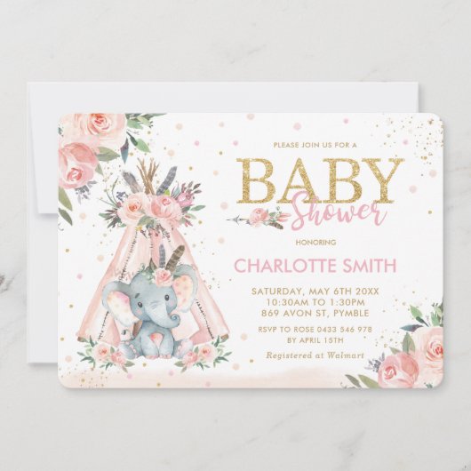 Chic Tribal Pink Floral Elephant Girl Baby shower Kaart (Voorkant)