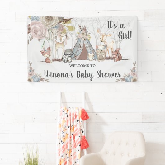 Chic Tribal Woodland Animals Baby shower Achtergro Spandoek (Insitu)