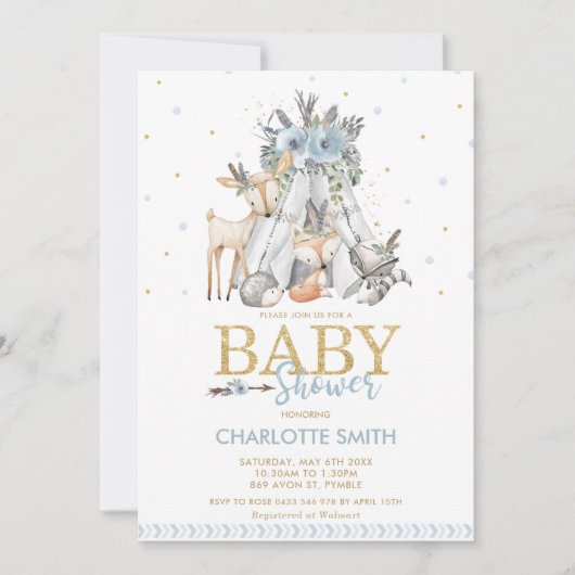 Chic Tribal Woodland Animals Blue Boy Baby shower Kaart (Voorkant)