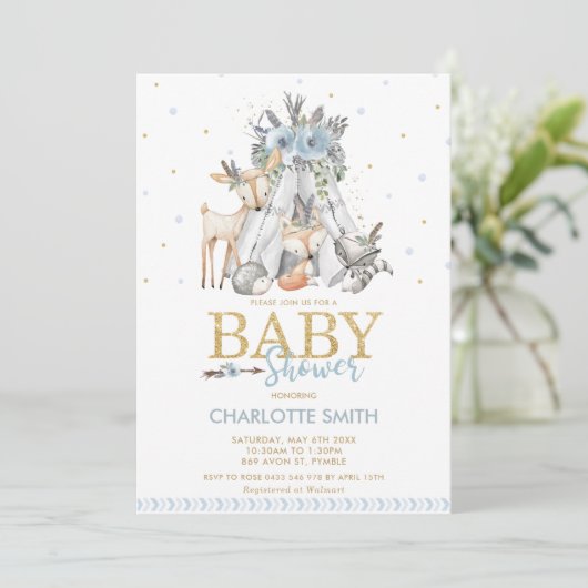 Chic Tribal Woodland Animals Blue Boy Baby shower Kaart (Staand voorkant)