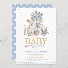 Chic Tribal Woodland Animals Blue Boy Baby shower Kaart