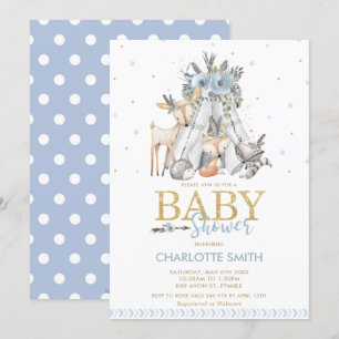 Chic Tribal Woodland Animals Blue Boy Baby shower Kaart