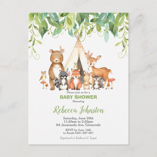 Chic Tribal Woodland Animals GreenGenery Baby show Briefkaart (Voorkant)