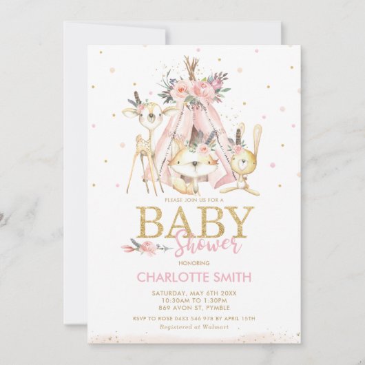 Chic Tribal Woodland Animals Pink Girl Baby shower Kaart (Voorkant)