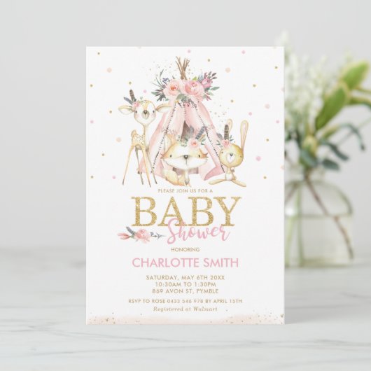 Chic Tribal Woodland Animals Pink Girl Baby shower Kaart (Staand voorkant)